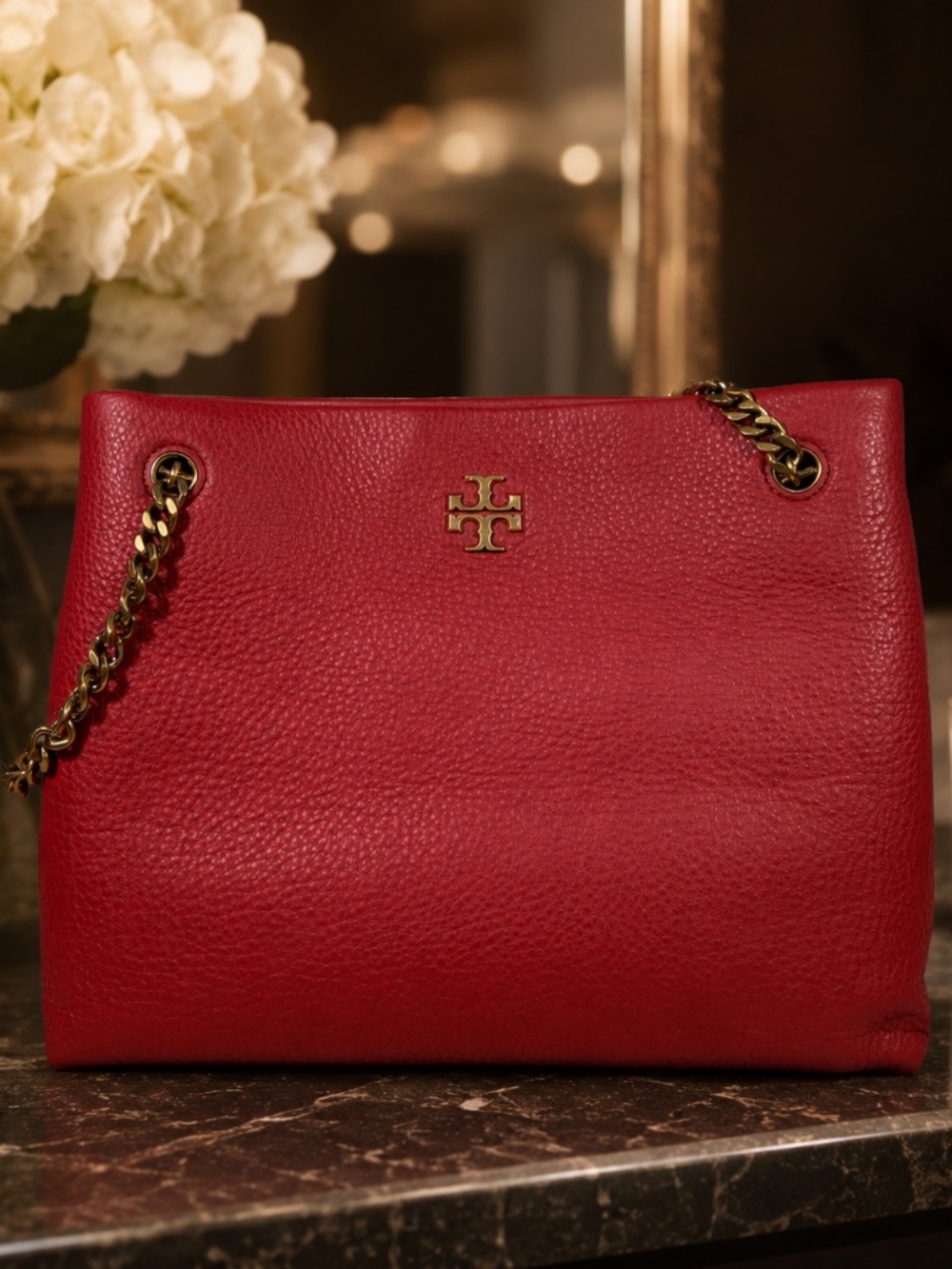 Tory Burch Kira Redstone Red Pebbled Leather Large Chain Straps Large Tote Bag